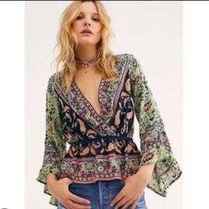 NWOT Free People Multicolor Paisley V-Neck Blouse